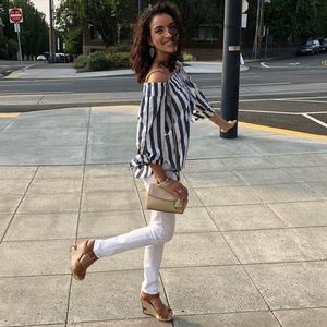 H&M blue and white striped off shoulder blouse size 4